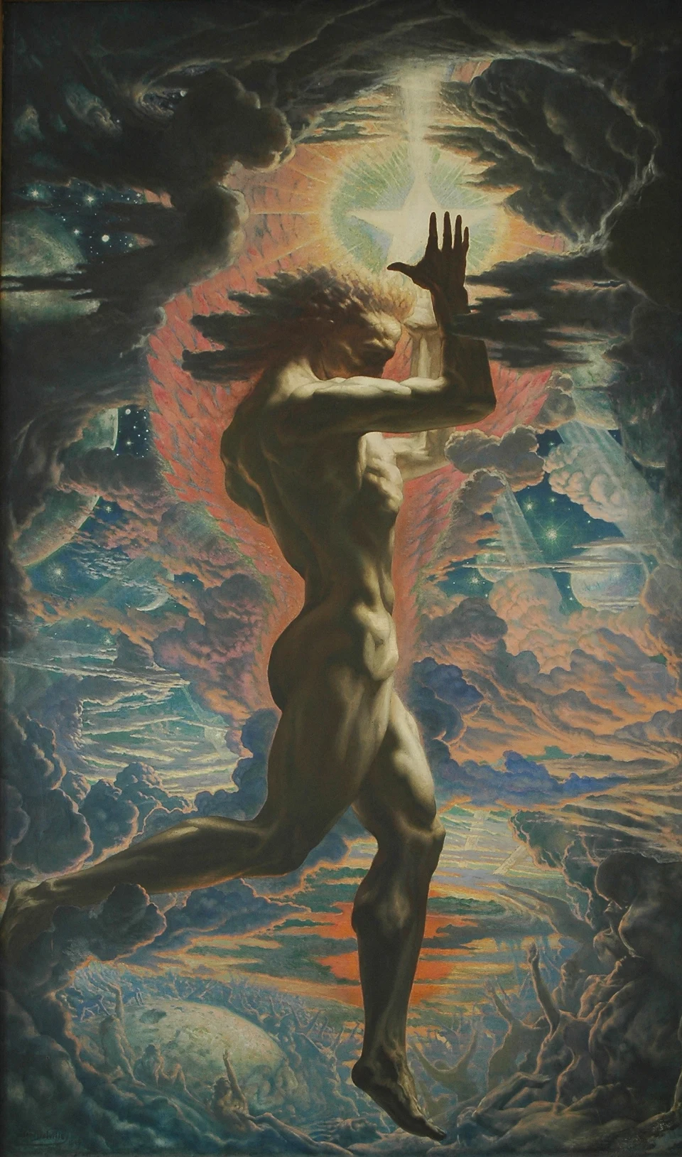 Prométhée portant la lumière au-dessus d’une foule qui tend les bras vers lui, dans le tableau de Jean Delville