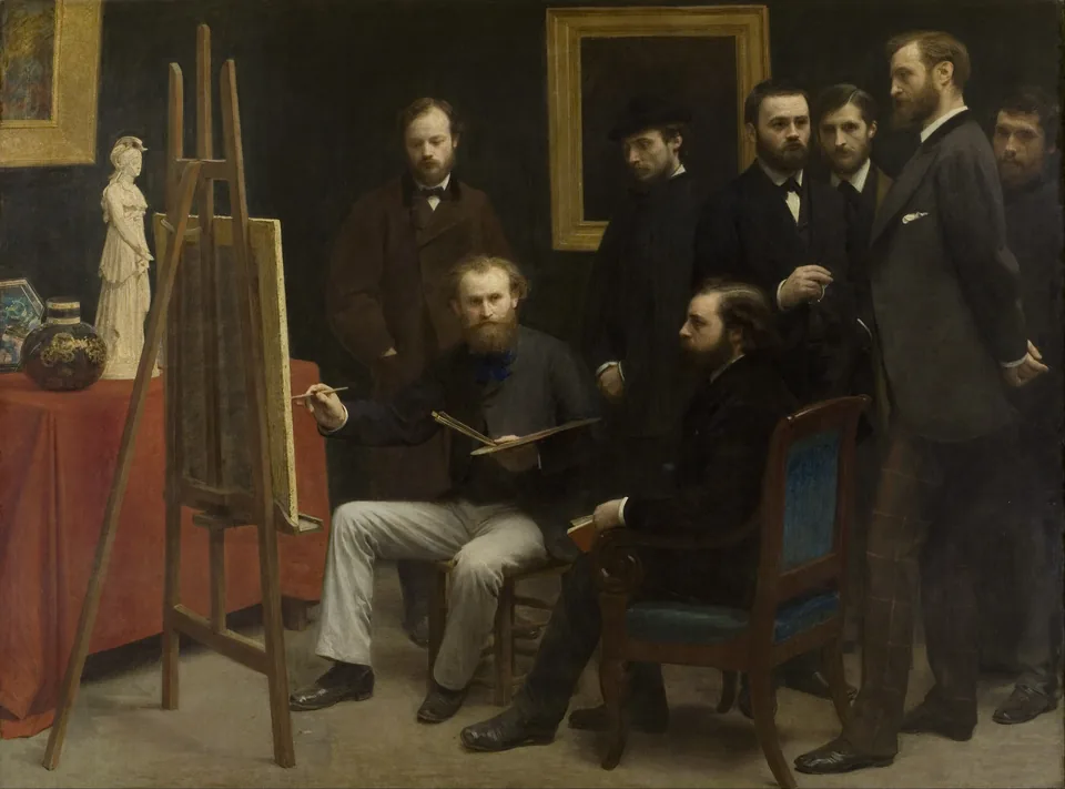 Manet peignant à son chevalet, entouré d’artistes et d’écrivains, dans le tableau d’Henri Fantin-Latour