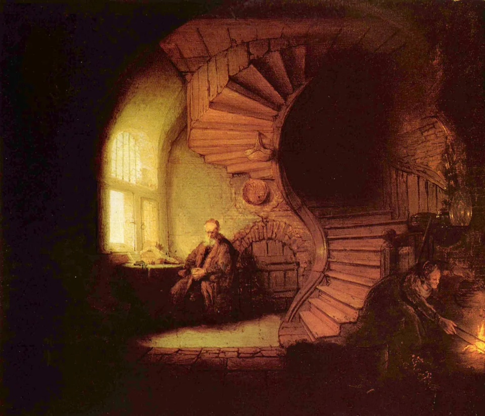 Le tableau complet Le Philosophe en méditation de Rembrandt, où un vieil homme est assis près d’une fenêtre, au pied d’un escalier en colimaçon
