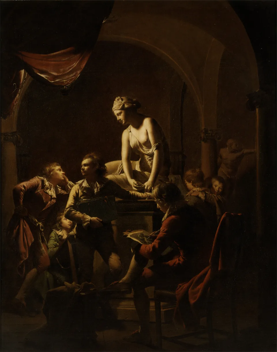 Le tableau complet Une académie à la lueur d’une lampe de Joseph Wright of Derby, où des élèves dessinent une sculpture à la lueur d’une lampe